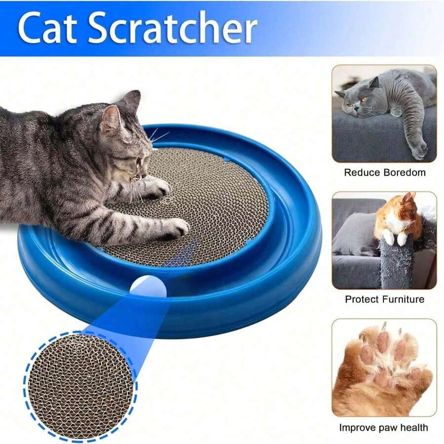 Cat Track Ball + Scratching Board Set, Interactive Puzzle Boredom Relief Toy, Indoor Cat Self-Entertainment Device, Suitable For Adult And Kitten Cats, Blue, Comes With Spare Balls - View 1