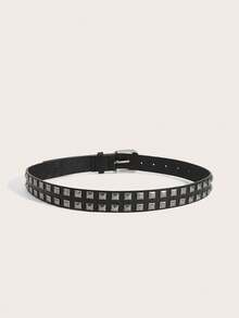 1pc Vintage Gold Square Buckle Rivet Belt For Women, Suitable For Dresses And Coats - Black - View 3