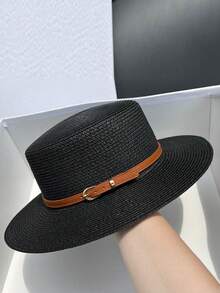 新款草帽 女士宽檐遮阳帽 平顶帽 法式复古简约休闲沙滩遮阳帽 时尚百搭，涤纶材质，防风防紫外线，春夏款 - 帽子 - 查看 8