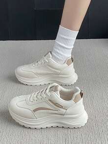 2026 New Spring Leather White Sneakers For Women, Versatile Thick Sole Casual Sports Shoes, Ins Net Celebrity Chunky Sneakers - Khaki - View 1