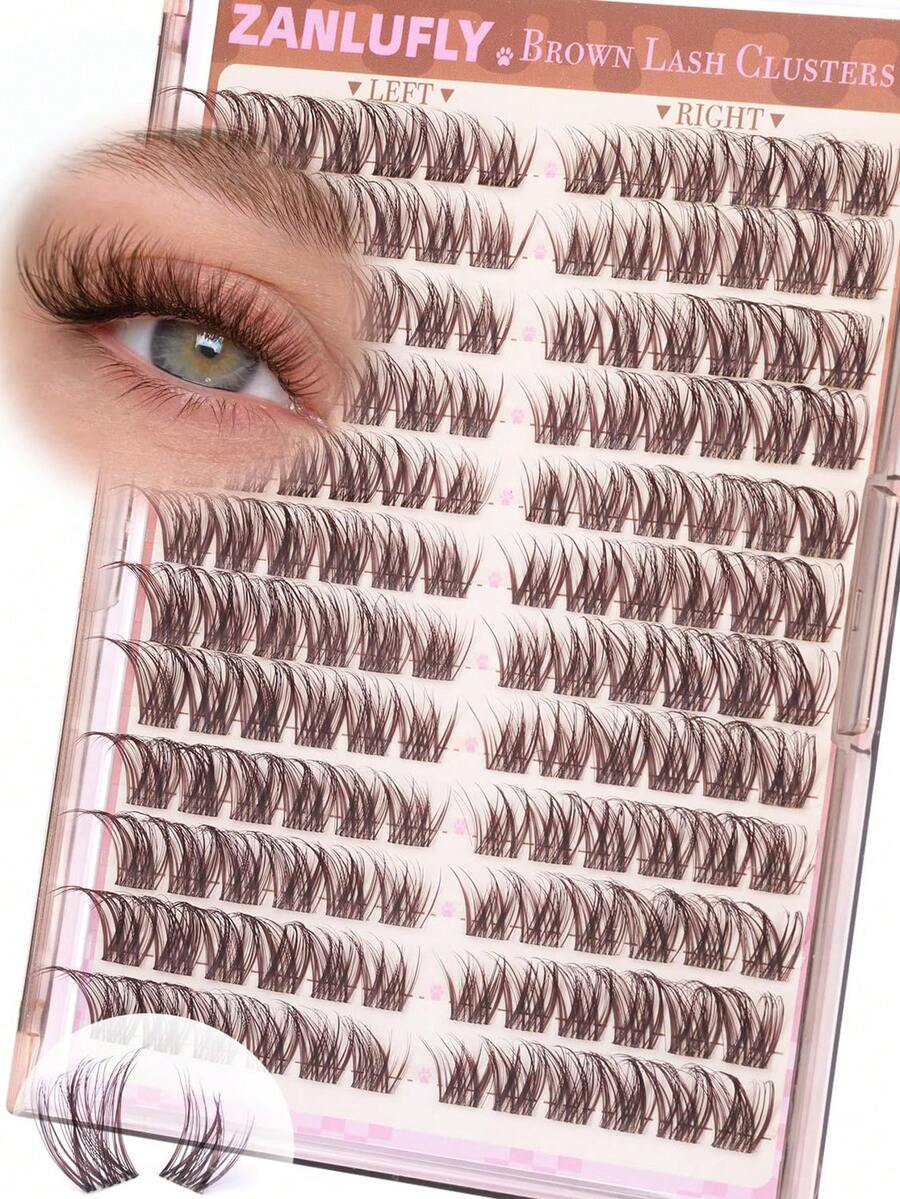 Brown Natural Fluffy Lash Clusters, Anime Lash Clusters, Pointed Lash Extensions, C-Curl Single Lash Extensions, Pointed Single Lash Extensions, 10-16mm Pre-Fanned Lash Clusters, DIY Lash Kit 144pcs - D - View 1