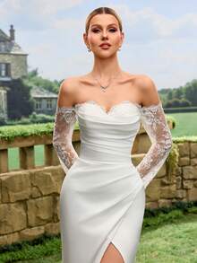 白色蕾丝长袖裹身鱼尾婚纱，高开衩设计 - 白色 - 查看 6