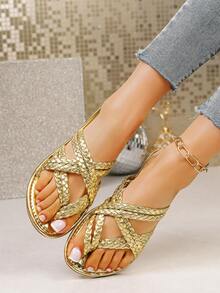 1双夏季时尚软底透气不疲劳户外金色编织人字拖 - 金色 - 查看 3