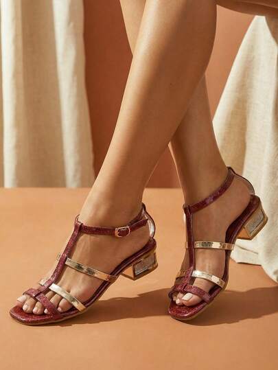 1 Pair Summer New Teenage High Heel Sandals, Red & Gold Dual-Color Upper, Red Glitter Design, Silver Square Heel, Suitable For Vacation & Party Outfits