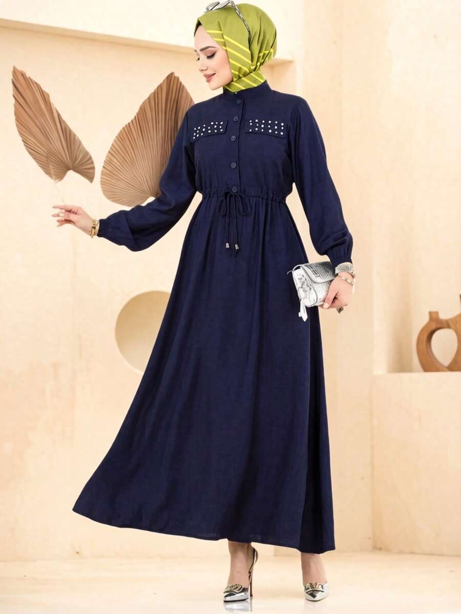 端庄女士藏蓝色抽绳腰身长款连衣裙，饰有水钻口袋和泡泡袖，伊斯兰休闲长裙 - 藏蓝色 - 查看 1