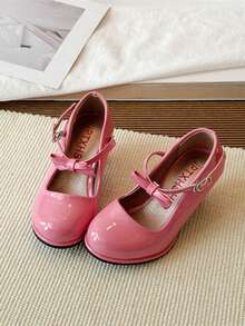 Children's Patent Leather Bow Mary Jane Shoes, Chunky Heel Single Strap High Heels, Sweet Style Versatile Performance Dress Shoes - Pink - View 3