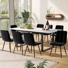 Dining Room Set (Table 140/180*80*75 Cm With 8 Chairs), Modern Kitchen Set, Black Velvet Chairs, White MDF Tabletop, Black Table Legs - Black - View 9