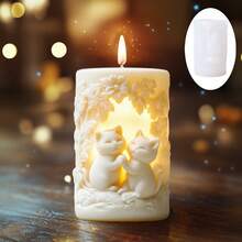 1pc Two Frolic Cute Kitty Relief Cylinder Candle Mold Silicone Mold Cute Kitty Flower Vine Relief Column Scented Candle Mold Easter Mold Cute Cat Resin Plaster Cement Concrete Mold Easter Gift - A-White - View 3