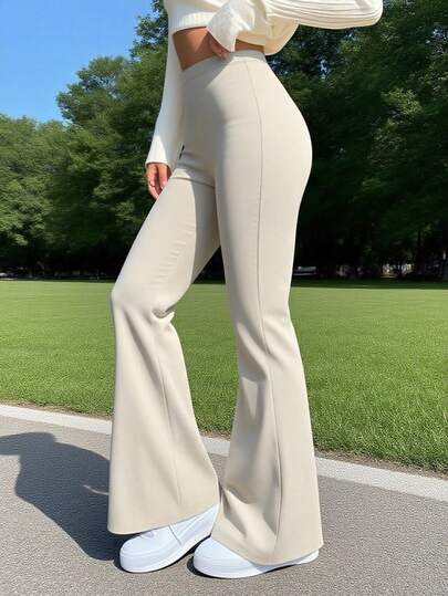 Women's High Waist Solid Color Flare Pants, Slim Fit Sports Yoga Compression Flare Leggings, Stretchy Comfortable Casual Long Pants, Suitable For Dancing And Yoga, Women's Summer Casual Wear Spring