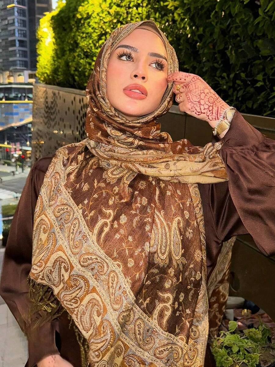 Bohemian Style Tassel Scarf, Paisley Pattern Shawl, Wool Texture Shawl, Long Scarf,Beach,Holiday,Accessories,Travel Essential - Reddish Brown - View 1
