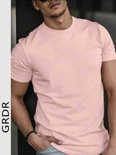  GRDR Men's Round Neck Solid Color Minimalist Short Sleeve T-Shirt, Casual Versatile For Commuting