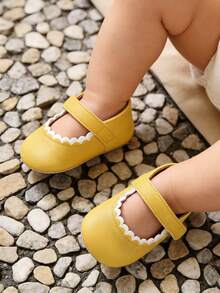 Infant Girls' Mary Jane Flat Shoes, Yellow Lace Trim Soft Sole Princess Toddler Crib Shoes, Wedding Dress Shoes - Yellow - View 3