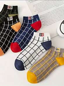 5/10双装男士透气大格纹船袜，适合春、夏、秋季穿着，休闲轻便，男女通用 - 彩色 - 查看 12