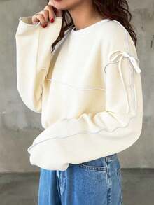 Sudadera de talla grande con diseño de moño de unicolor y contraste de color para primavera - Albaricoque - Ver 3