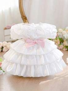 女婴圆领褶皱蝴蝶结缎面可爱生日派对蛋糕蓬蓬公主裙，适合婚礼花童，不含头饰 - 白色 - 查看 2