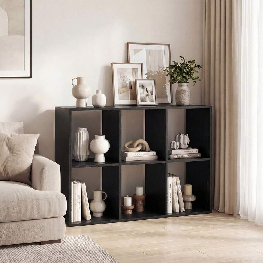 COSTWAY 6-Cube Open Bookshelf, Home 2-Tier Large Bookcase, Rustic Style Free-Standing Storage Shelf W/ Anti-Toppling Kit, 2-Pcs Display Shelf, Open-Back Storage Unit Organizer For Study, Bedroom, Living Room, Black - A - View 1