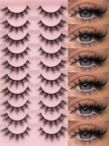 10/20 Pairs Of 3D Fluffy Artificial Mink Eyelashes, Slim False Eyelashes, Thick False Eyelashes, Curling False Eyelashes, 3D Natural False Eyelashes, Suitable For Holiday Parties, Cat Eye Lashes For Cosplay, Manga, And Various Occasions, Strip Lashes, Lashes, Eyelashes, Fake Lashes - màu đen - Xem 1