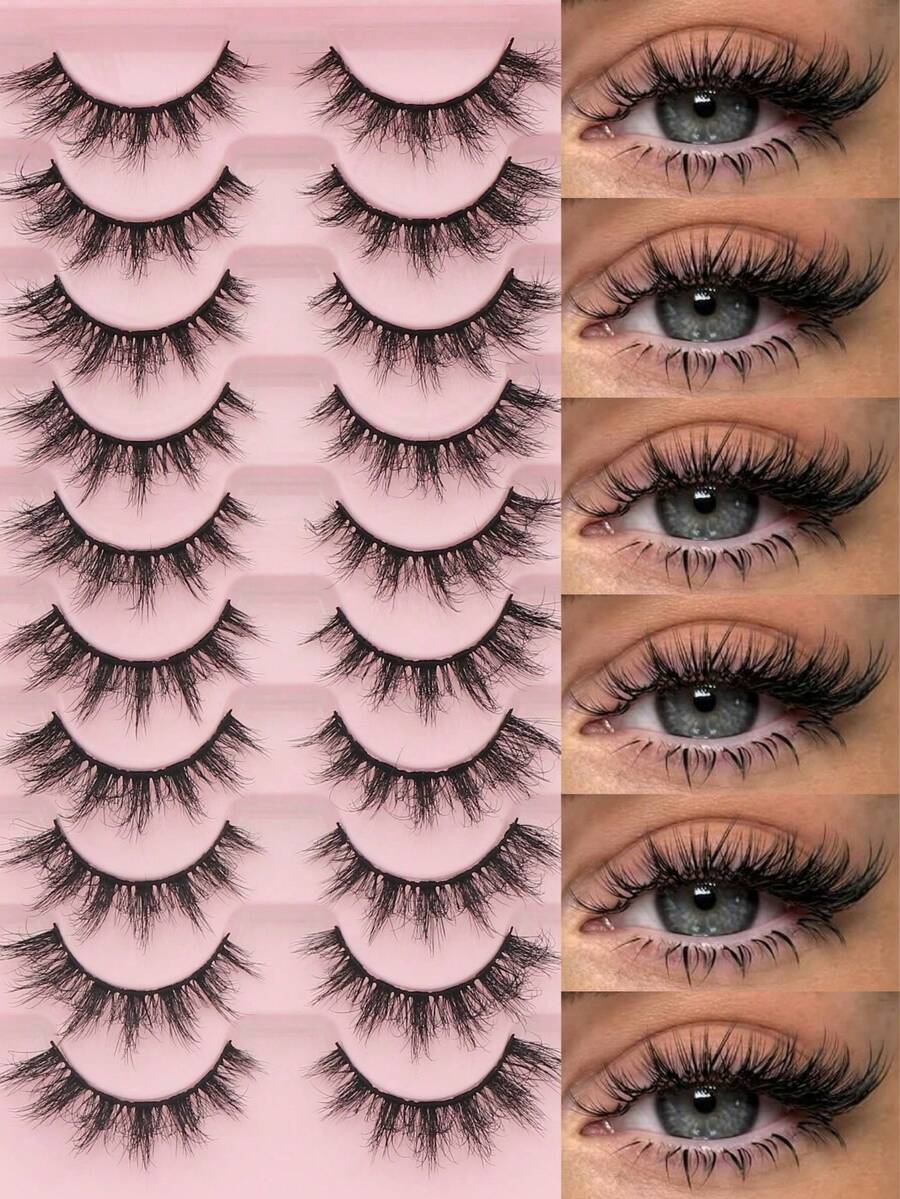 10/20 Pairs Of 3D Fluffy Artificial Mink Eyelashes, Slim False Eyelashes, Thick False Eyelashes, Curling False Eyelashes, 3D Natural False Eyelashes, Suitable For Holiday Parties, Cat Eye Lashes For Cosplay, Manga, And Various Occasions, Strip Lashes, Lashes, Eyelashes, Fake Lashes - màu đen - Xem 1