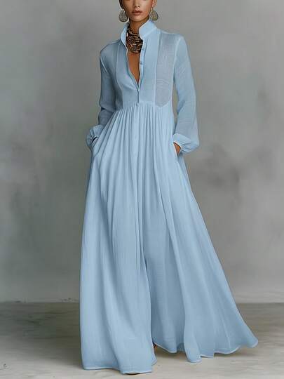 White French-Style Pleated Dress for Women - Long-Sleeved, Waist-Defining, Flattering Maxi for Vacations