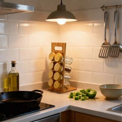 Suporte para temperos de 6/8 níveis / Organizador de temperos de bambu / Suporte para moedor de pimenta / Porta-cápsulas de café / Suporte para utensílios de cozinha