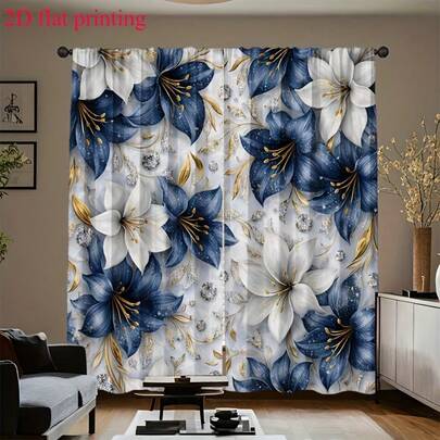 2 Stück Lilien Vorhänge, blaue und weiße Lilien Blumen, Kräuselband Design, ideal für Privatsphäre und Feiertags-Dekoration, geeignet für verschiedene Räume, Kräuselband Design, maschinenwaschbar