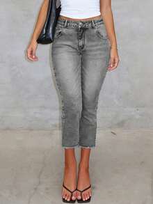 浅色水洗做旧七分紧身牛仔裤，弹力铅笔裤，适合日常休闲、通勤和夏季度假穿着 - 淺灰色 - 查看 6