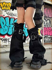 1 双 Y2K 哥特式牛仔布腿套，时尚朋克喇叭形抽绳过膝袜，十字设计，女士款 - 黑色 - 查看 6