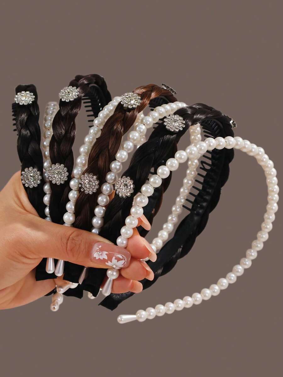2pcs Women's Fashion Delicate Rejuvenating Braided Wig & Pearl Headband Set - Multicolor - View 1