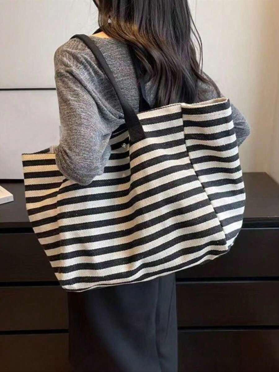 Simple Stripe Design Tote Bag For Girls Women Canvas Shoulder Bag Ladies Shopping Bags High Quality Handbags School Tote Bag, Portable, Foldable, Business Casual, Suitable For Teen Girls Women College Students, Teacher, Rookies & White-Collar Workers College, Vacation, Beach, Holiday, Shopping, School Handbag, School Bookbag, Back To School Bags, Large Capacity, Lightweight, Classic Casual, Perfect For Back To School, First Day Of School, Holiday, Tote Bags For School, College Essentials , Teacher Gift ,Vacation Essentials , Beach Bag, Vacation - 黑與白 - 查看 1