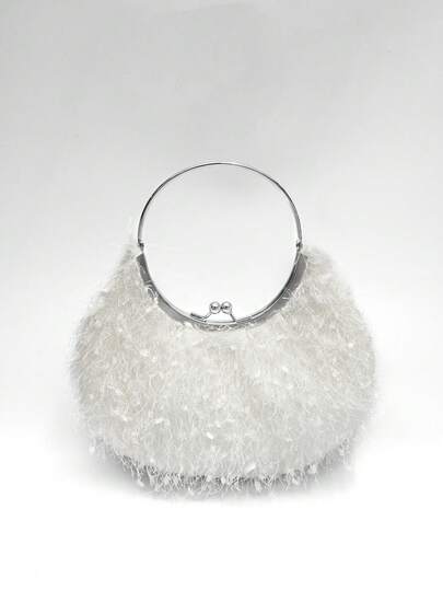 1pc Solid White Pleated Fringe Feather Decor Round Ring Handle Clutch Bag, Elegant Minimalist Design Suitable For Women's Wedding, Party, Formal Occasions, Daily Use, Vacation, Bridal Gown Accessory