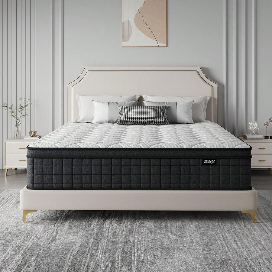 10"12"/14" Queen Mattres Twin Full Queen King Size Bed Mattress In A Box, Hybrid Pocket Spring Breathable Cotton Layer Mattress For Motion Isolation & Silent Sleep, Lumbar Support & Pressure Relief, Medium Firm - 黑色 - 查看 1