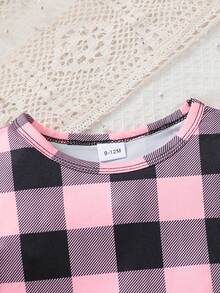 2 piezas Conjunto de niña bebé de mono con estampado a cuadros y volantes en las mangas + falda con bordado de corazón, para uso diario, primavera/verano - Rosa - Ver 4