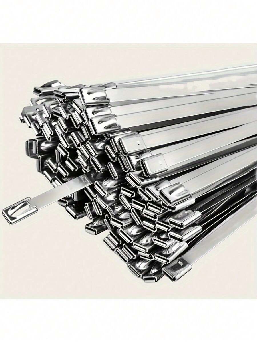 100pcs/Pack Heavy-Duty 304Stainless Steel Cable Ties - Rust Proof, High Temperature Resistant Metal Cable Ties, Suitable For Mechanical, Automotive, Exhaust Applications, Etc., Made Of Stainless Steel Material - 100PCS - View 1