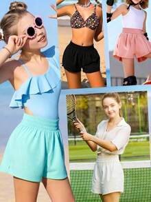 Girls Athletic Shorts Elastic High Waist 2 In 1 Shorts With Side Pockets Running Workout Sports For Teen Kids - màu đen - Xem 4