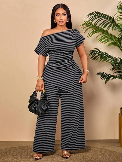 BIUBIU Plus Size Women's Asymmetric Neckline Split Hem Ruched Top And Flare Pants Set, Apricot Batwing Sleeve Striped Ruched 2-Piece Outfit, Suitable For Casual Daily Wear (Spring/Summer)
