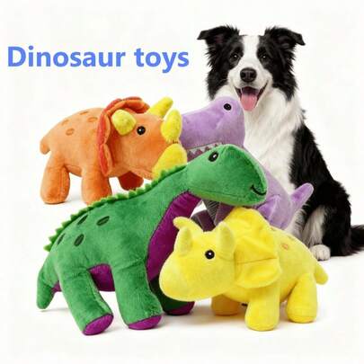  Deeow 柔软毛绒恐龙狗狗玩具 - 互动式咀嚼玩具，四种不同造型的恐龙，毛绒材质，适合幼犬和中型犬，室内玩耍及能量释放，室内玩具 | 卡通恐龙设计 | 狗狗玩具