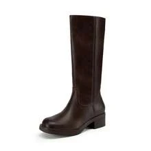 Womens Square Toe Chunky Block Heel Knee High Boots Banana Campus Boots For Women Casual Comfortable Low Heel Side Zipper Riding Tall Boots - 巧克力棕 - 查看 4