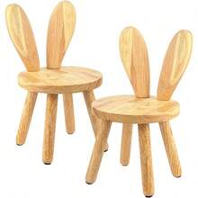 Rustic Solid Wood Bunny Stool, Lightweight Portable Round Seat With Unique Ear Back, Versatile Accent Chair Side Table For Indoor Living Room Bedroom Use - 2 Pcs - View 1