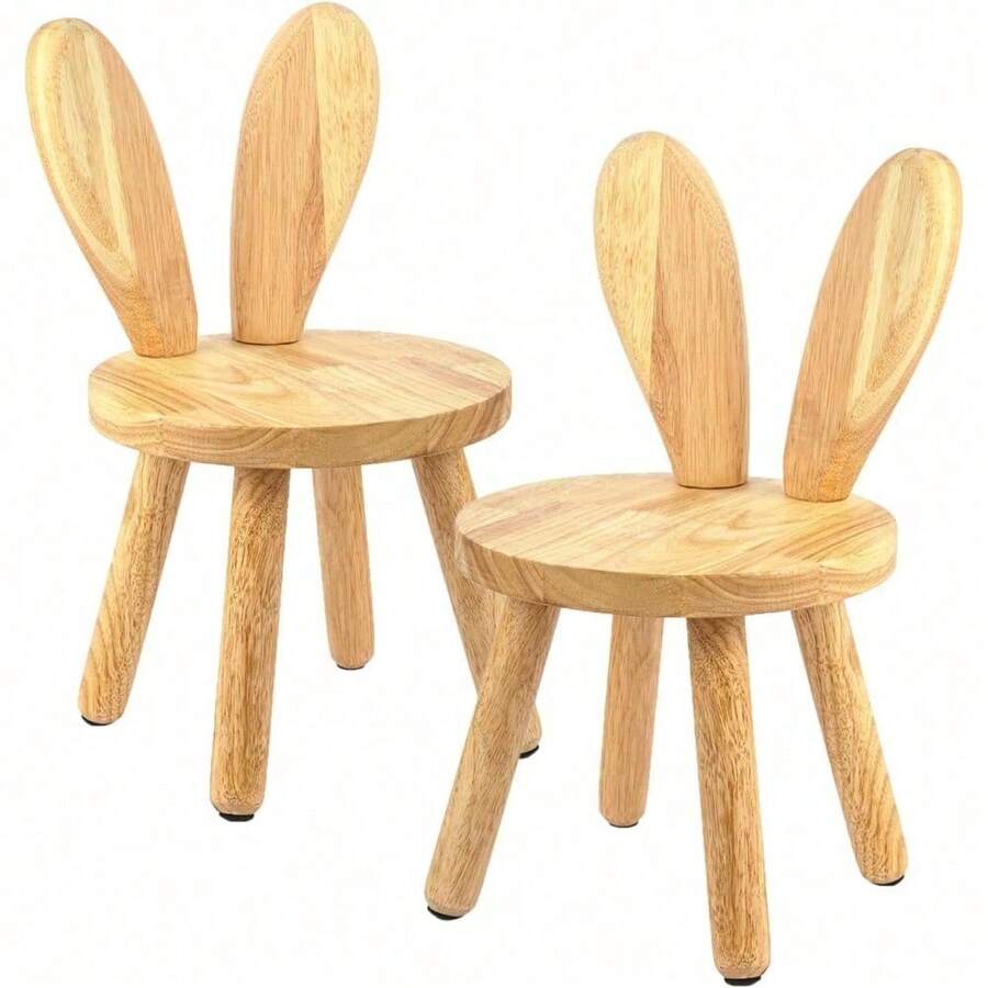 Rustic Solid Wood Bunny Stool, Lightweight Portable Round Seat With Unique Ear Back, Versatile Accent Chair Side Table For Indoor Living Room Bedroom Use - 2 Pcs - View 1