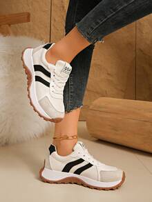 Sporty Thick-Sole Air Cushion Lace-Up Soft Bottom Running Shoes, Casual Sneakers Athletic Chunky Sneakers With Mesh - Beige - View 4