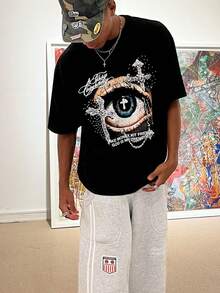 FRACTYR Men's Summer Casual Street Fashion Rhinestone Eye Cross Print Round Neck Short Sleeve T-Shirt - Black - View 2
