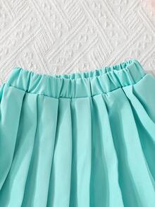 女孩时尚套装 - 吊带背心搭配珍珠刺绣薄纱领无袖西装外套和简约百褶裙 - 薄荷藍 - 查看 8