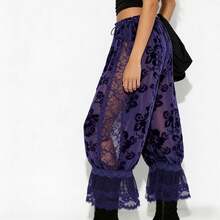 Y2K Coquette Sheer Floral Lace Bloomer Pants Ruffle Trim Wide Leg Pettipants - Purple - View 3