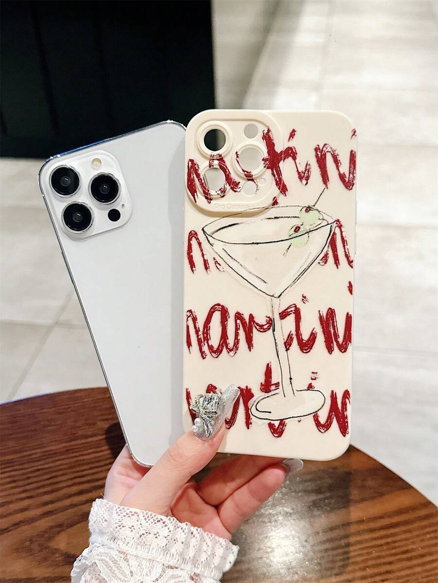 Painted Graffiti 1pc Martini Cocktail Hand-Painted Design Soft Phone Case, Precise Cutout, Anti-Fall Protective Cover Compatible With IPhone 17 Air/16 Pro Max/16 Pro/16 Plus/16/15/14/13/12/11/XSM/XS/XR/7/8 - White - View 1