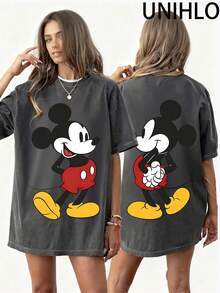 Disney UNIHLO  Mickey  Printed Summer Heavyweight Retro Washed Street Fashion Casual T-Shirt - 黑色 - 查看 1