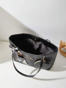 4pcs Women's Commuter Bag Set, Tote Bag, Shoulder Bag, Square Bag, Quilted Bag, Clutch, Coin Purse, Scarf Bag - Black - View 6