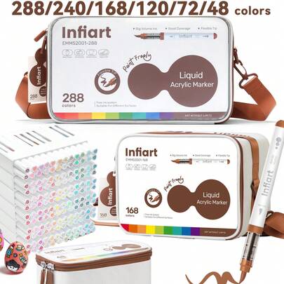 GRASP New Export Brand Infiart, 48/72/120/168/240/288 Colors Acrylic Marker Pens In Cloth Bag, Made With Rich Pigment Ink, Scratch-Resistant And Waterproof, Suitable For Beginners/Adults, Large Packaging With Storage Box - Ideal Choice For Home/School/Studio: Focused On Professional Quality