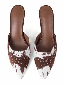 Mules Heels For Women Kitten Heel Sandals Pointed Toe Slip On Studded Pointed Stiletto Heels Party Dress Pumps - 乳牛色 - 查看 9
