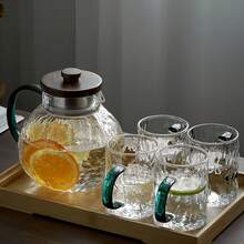 1pc Luxury Green Handle Glass Pitcher, Household Juice/Beverage/Flower Tea Pot, Large Capacity Thick Japanese Style Wooden Lid Hammered Cold Water Pitcher, No Cup Included - Clear - View 12