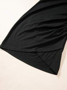 Acelitt Robe femme couleur unie mode minimaliste taille mi-haute plissée ajustée ourlet asymétrique manches courtes col rond, été noir élégant - Noir - Voir 10